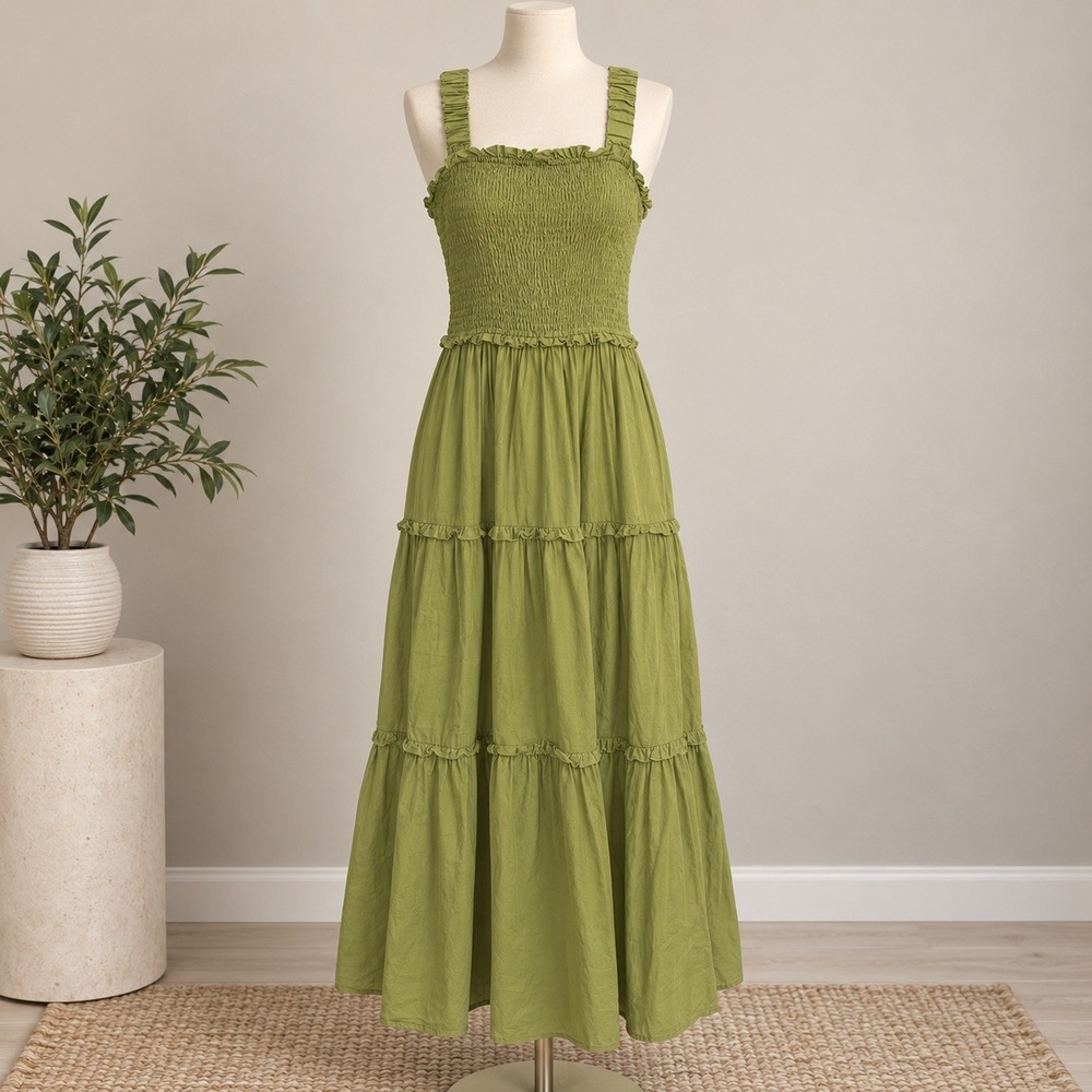 Dress Forum Maxi Dress Olive Green Smocked Tiered Ruffle Sz S Cottagecore Boho